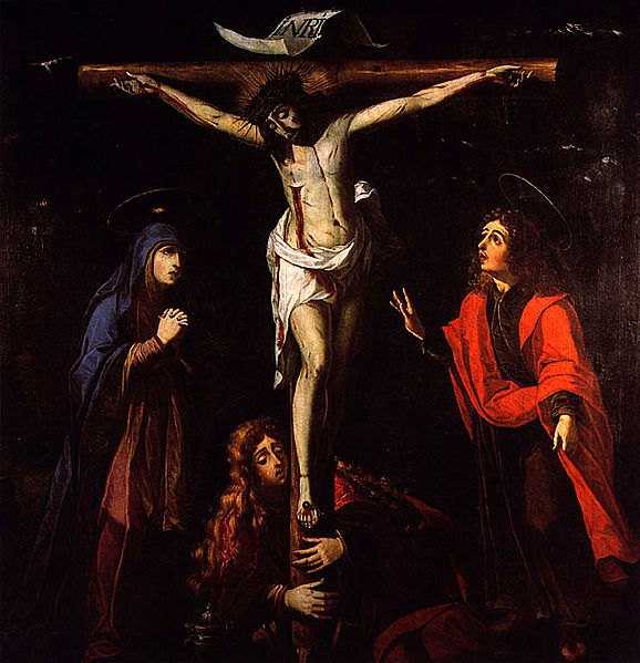 Розп'яття Христове, робота Жозефа Обідуша (1630–1684). Біля розп'ятого Ісуса Діва Марія, учень Іоан та Марія Магдалина