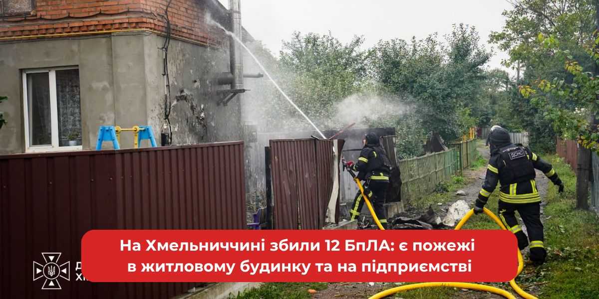 Пожежі на Хмельниччині: 12 збитих БпЛА спричинили загоряння житлового будинку та підприємства.